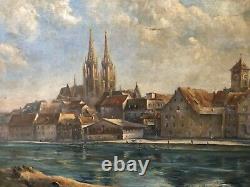 Antique Old Impressionist French European Church Oil Painting Signed