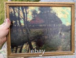 Antique Old Landscape Oil Painting French Path Trees Children Road Artist Signed