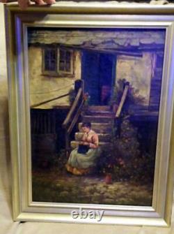 Antique Old Landscape Portrait House Signed Woman Lady Knitting Oil Painting Art