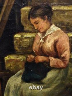 Antique Old Landscape Portrait House Signed Woman Lady Knitting Oil Painting Art