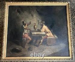 Antique Old Master Oil Painting Medieval Soldiers in Tavern Signed Mystery