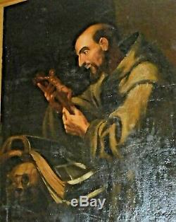 Antique Old Master Painting St. Francis Assisi 18th Century Italian Hermit Skull