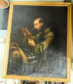 Antique Old Master Painting St. Francis Assisi 18th Century Italian Hermit Skull