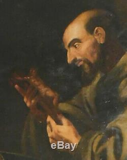 Antique Old Master Painting St. Francis Assisi 18th Century Italian Hermit Skull