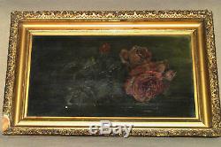 Antique Old Master STILL LIFE Roses Oil on Canvas Painting Ornate Frame UNSIGNED