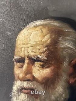 Antique Old Master The Blind Rabbi Portrait Oil Painting Signed