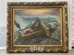 Antique Old Nautical Seascape Captain Shipwreck Oil Painting, Signed 1922