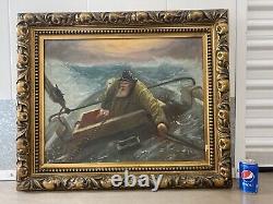 Antique Old Nautical Seascape Captain Shipwreck Oil Painting, Signed 1922