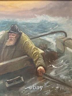 Antique Old Nautical Seascape Captain Shipwreck Oil Painting, Signed 1922