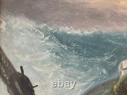 Antique Old Nautical Seascape Captain Shipwreck Oil Painting, Signed 1922