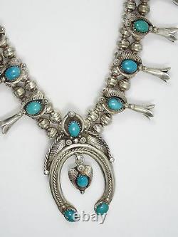 Antique Old Navajo Signed Gem Grade Persian Turquoise Squash Blossom Necklace