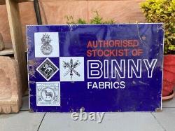 Antique Old Original Binny Fabrics Porcelain Enamel Adv Sign Board