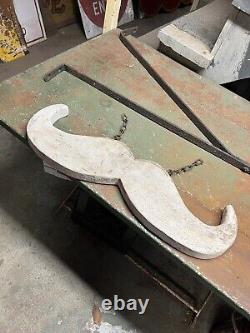 Antique Old Original Folk Art Mustache Barber Shop Wood Trade sign Iron Bracket