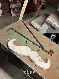 Antique Old Original Folk Art Mustache Barber Shop Wood Trade sign Iron Bracket