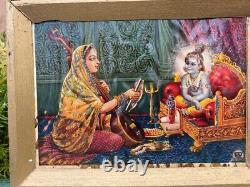 Antique Old Original Hindu God Krishna With Meera Litho Print Framed