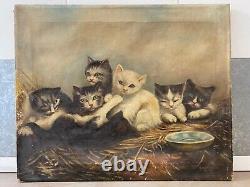 Antique Old Primitive American Folk Art Cat Kittens Oil Painting, Signed 1927