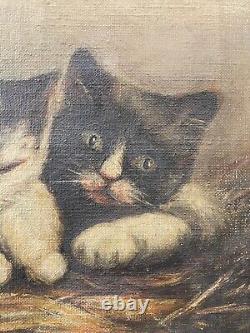 Antique Old Primitive American Folk Art Cat Kittens Oil Painting, Signed 1927