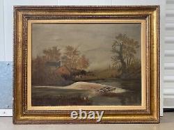 Antique Old Primitive American Folk Art Landscape Oil Painting, Signed 1880