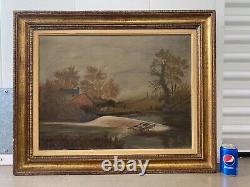 Antique Old Primitive American Folk Art Landscape Oil Painting, Signed 1880