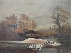 Antique Old Primitive American Folk Art Landscape Oil Painting, Signed 1880