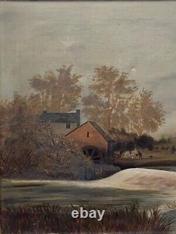 Antique Old Primitive American Folk Art Landscape Oil Painting, Signed 1880