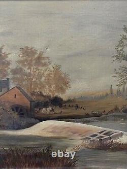 Antique Old Primitive American Folk Art Landscape Oil Painting, Signed 1880