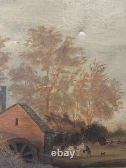 Antique Old Primitive American Folk Art Landscape Oil Painting, Signed 1880