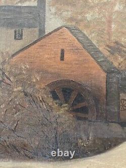 Antique Old Primitive American Folk Art Landscape Oil Painting, Signed 1880