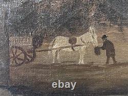 Antique Old Primitive American Folk Art Landscape Oil Painting, Signed 1880