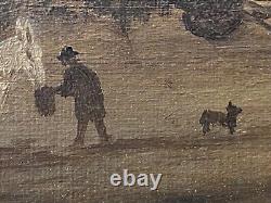 Antique Old Primitive American Folk Art Landscape Oil Painting, Signed 1880