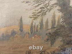 Antique Old Primitive American Folk Art Landscape Oil Painting, Signed 1880