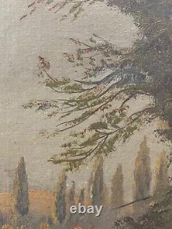 Antique Old Primitive American Folk Art Landscape Oil Painting, Signed 1880