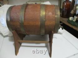 Antique Old Primitive Wooden Keg Flask Barrel Wine Brandy 11 X 7 W Stand Spout S