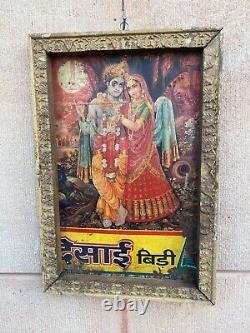 Antique Old Rare Hand Crafted Radha Krishna Print Desai Bidi Tin Sign Adv Board