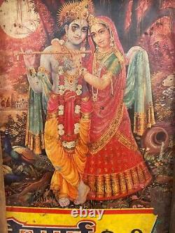 Antique Old Rare Hand Crafted Radha Krishna Print Desai Bidi Tin Sign Adv Board