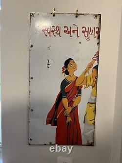 Antique Old Rare India Woman Sari Porcelain Enamel Sign Board
