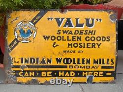 Antique Old Rare India Woolen Goods Valu Rare Porcelain Enamel Adv Sign Board