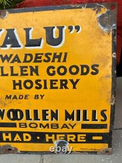 Antique Old Rare India Woolen Goods Valu Rare Porcelain Enamel Adv Sign Board