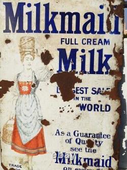 Antique Old Rare Milkmaid Cream Milk Ad Pictorial Porcelain Enamel Sign Board