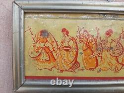 Antique Old Rare Wooden Framed Beautiful Dancing Woman Group Tin Sign Board