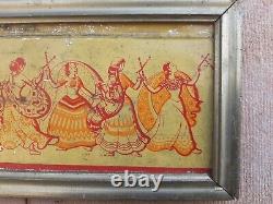 Antique Old Rare Wooden Framed Beautiful Dancing Woman Group Tin Sign Board