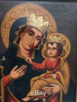 Antique Old Religious Oil Painting Madonna Christ Icon Art Signed Oscuro Mary