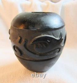 Antique Old Santa Clara Indian Carved Serpent Signed Art Pottery Vase