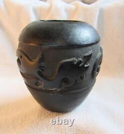 Antique Old Santa Clara Indian Carved Serpent Signed Art Pottery Vase