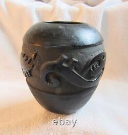 Antique Old Santa Clara Indian Carved Serpent Signed Art Pottery Vase