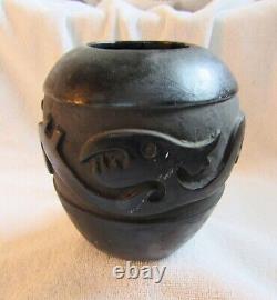 Antique Old Santa Clara Indian Carved Serpent Signed Art Pottery Vase