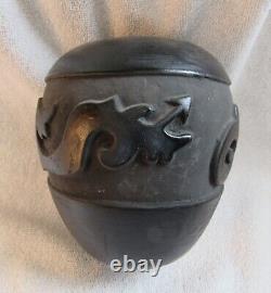 Antique Old Santa Clara Indian Carved Serpent Signed Art Pottery Vase