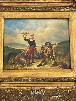 Antique Old Signed Oil Painting Explorers Dogs Parrots Old Label Art