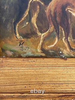 Antique Old Signed Oil Painting Explorers Dogs Parrots Old Label Art