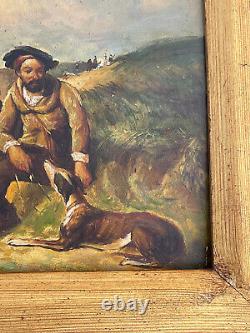 Antique Old Signed Oil Painting Explorers Dogs Parrots Old Label Art